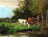 Watering Canvas Paintings - Cows Watering In A Meadow